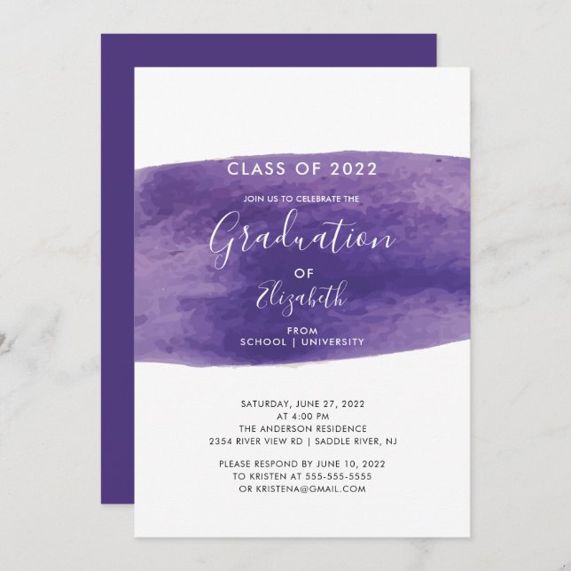 Purple Watercolor Wash Graduation Party Invitation (Front/Back)