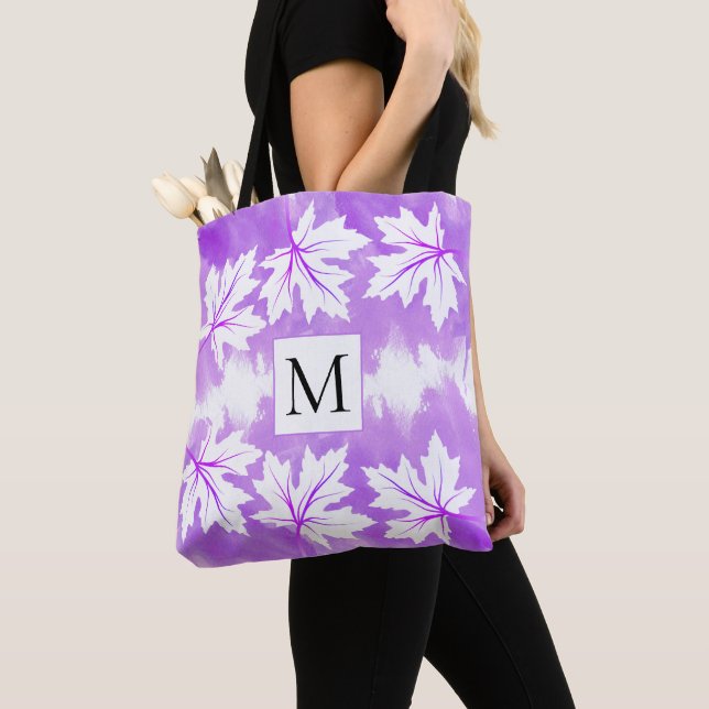 Purple watercolor wash maple leaves and monogram tote bag (Close Up)