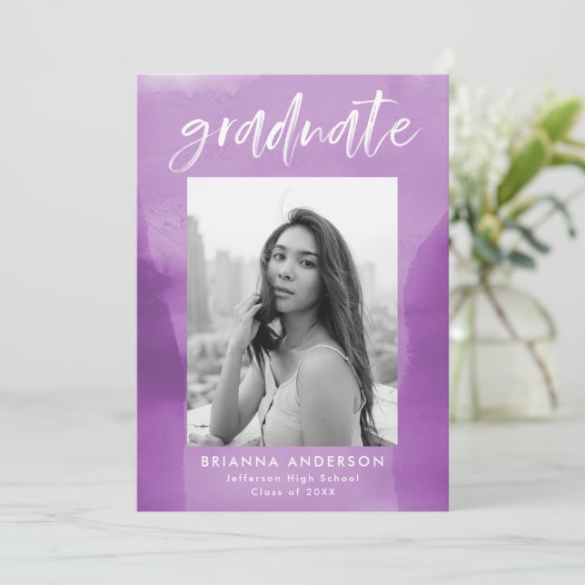 Purple Watercolor Wash Photo Graduation Party Invitation (Standing Front)