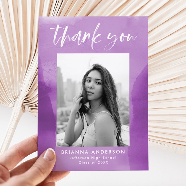 Purple Watercolor Wash Photo Graduation Thank You Card (Creator Uploaded)