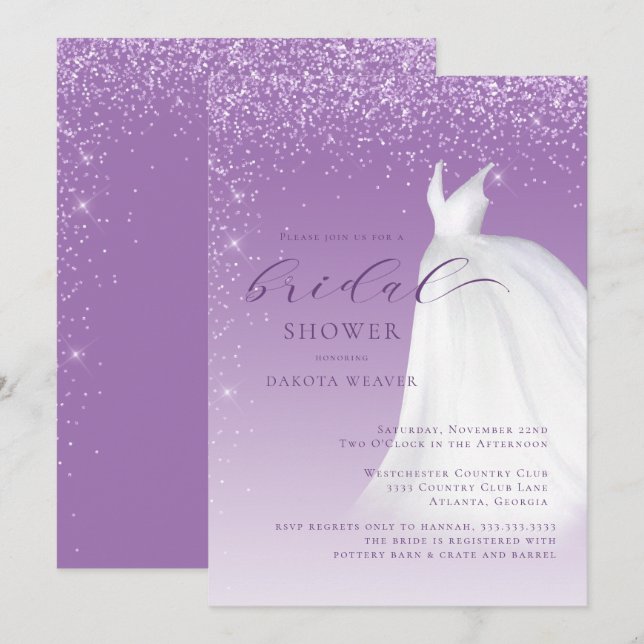 Purple Watercolor Wedding Dress Bridal Shower Invitation (Front/Back)