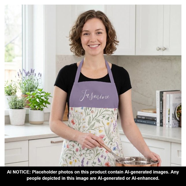 Purple Watercolor Wildflower Boho Custom Name Apron (Creator Uploaded)