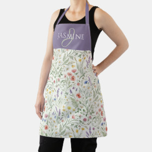 Purple Watercolor Wildflower Boho Monogram Name Apron
