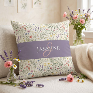 Purple Watercolor Wildflower Boho Monogram Name Cushion