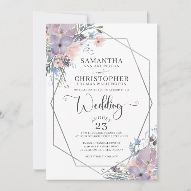 Purple Watercolor Wildflower Floral Wedding Invitation (Front)