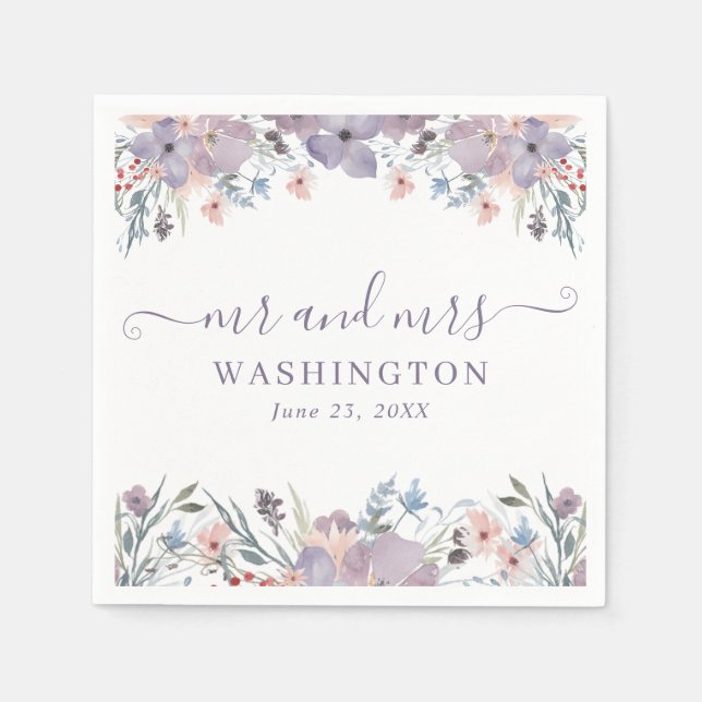 Purple Watercolor Wildflower Floral Wedding Napkin (Front)