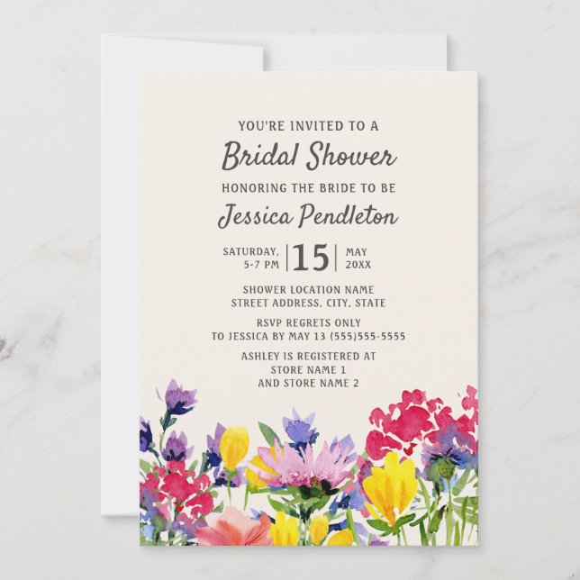 Purple Watercolor Wildflowers Floral Bridal Shower Invitation (Front)