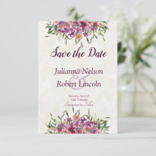 Purple watercolor wildflowers save the date invita invitation