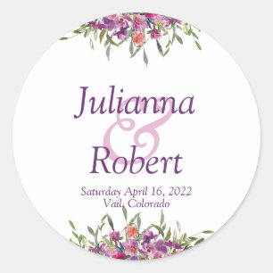 Purple watercolor wildflowers  wedding classic rou round sticker