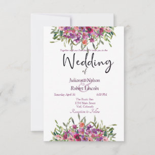 Purple watercolor wildflowers wedding invitation