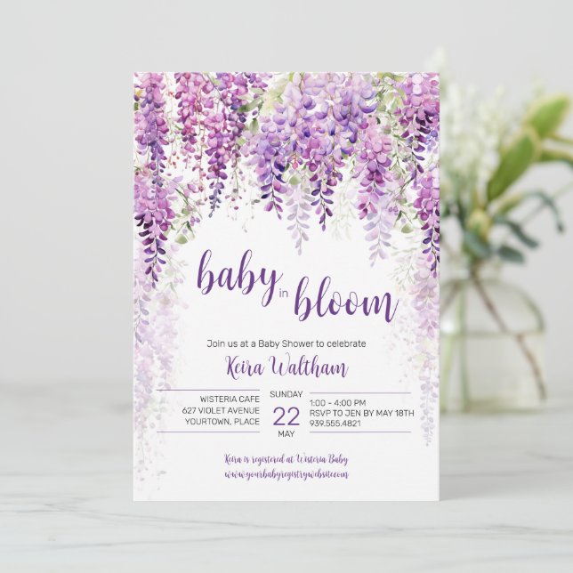 Purple Watercolor Wisteria Baby Shower Invitation (Standing Front)