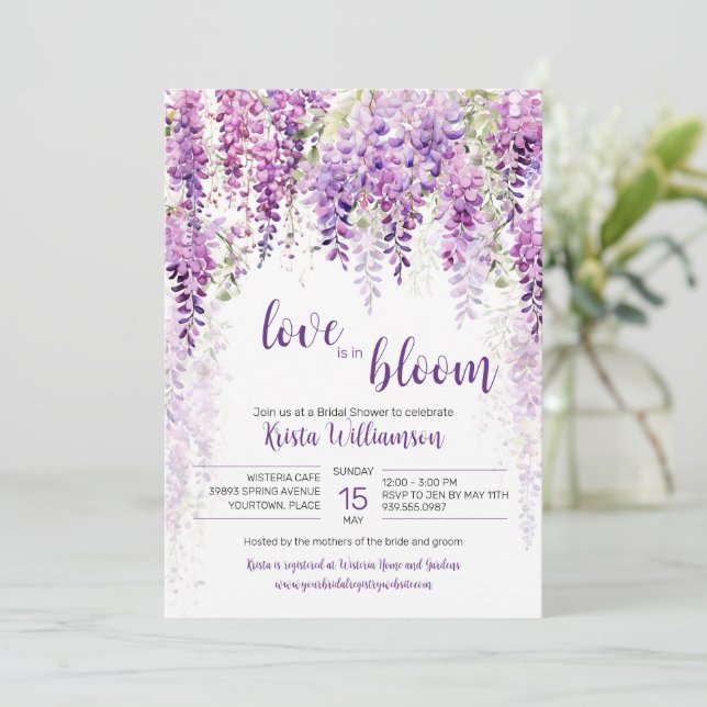 Purple Watercolor Wisteria Bridal Shower Invitation (Standing Front)