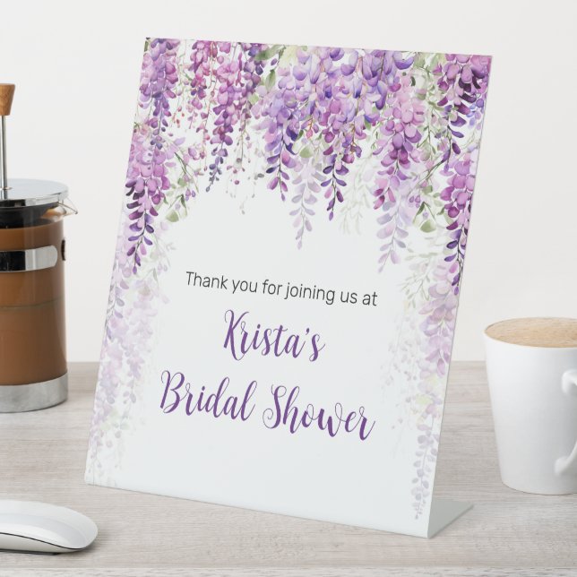 Purple Watercolor Wisteria Bridal Shower Pedestal Sign (In SItu)