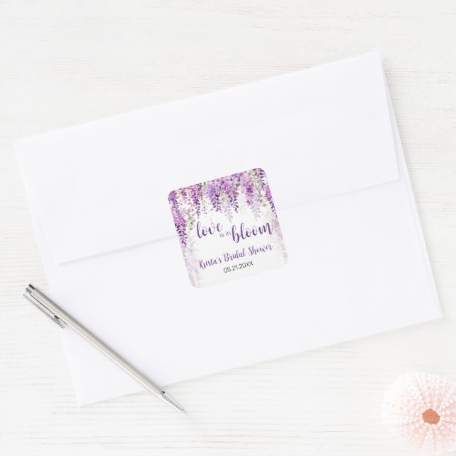 Purple Watercolor Wisteria Bridal Shower Square Sticker (Envelope)