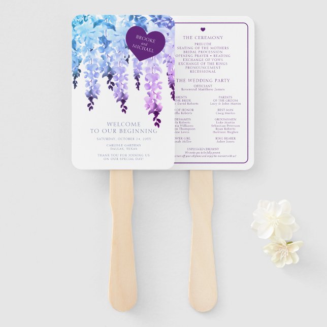 Purple Watercolor Wisteria Floral Wedding Hand Fan (Front and Back)