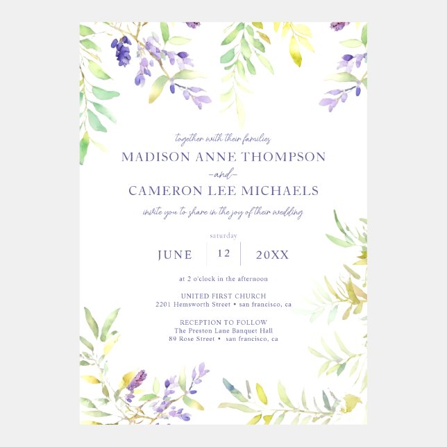 Purple Watercolor Wisteria Floral Wedding Invitation (Front)