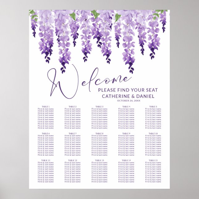 Purple Watercolor Wisteria Lilac Floral Wedding Poster (Front)