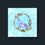 Purple Watercolor Wolf with a Boho Wreath Canvas Print<br><div class="desc">A canvas print with a graphic illustration composed of a purple watercolor wolf,  in a classic howling pose. Surrounded by an illustrated wreath of wood,  crystals,  feathers and beads. Cool native american motif with a boho style.</div>