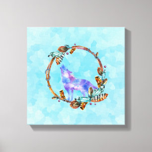 Purple Watercolor Wolf with a Boho Wreath Canvas Print