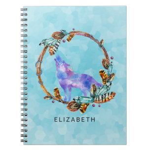 Purple Watercolor Wolf with a Boho Wreath Custom Spiral Notebook