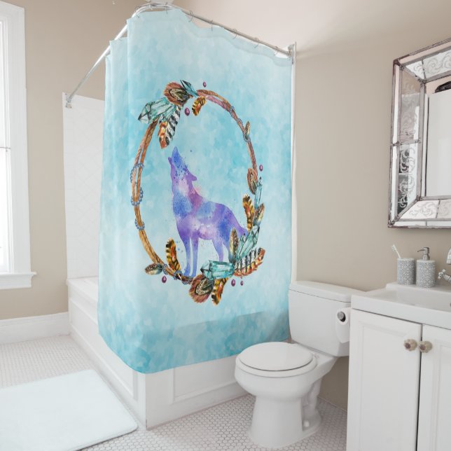 Purple Watercolor Wolf with a Boho Wreath Shower Curtain (In Situ)
