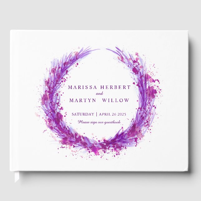 Purple watercolor wreath splash wedding guestbook (Front)