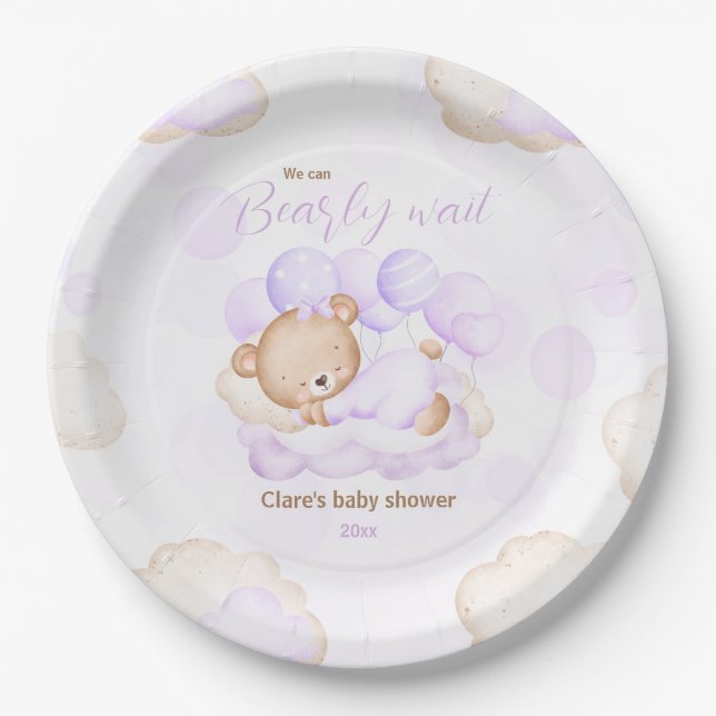Purple We Can Bearly Wait Baby Shower Paper Plates (Front)