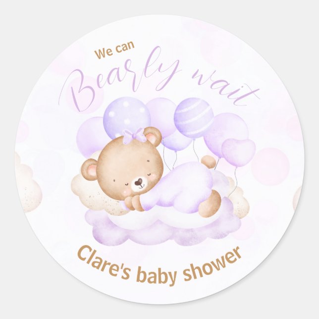 Purple We Can Bearly Wait Baby Shower Stickers (Front)