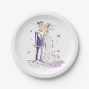 Purple Wedding Bride And Groom Cartoon Paper Plate