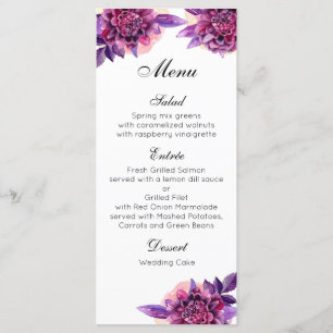 Purple wedding dinner menu. Floral menu party