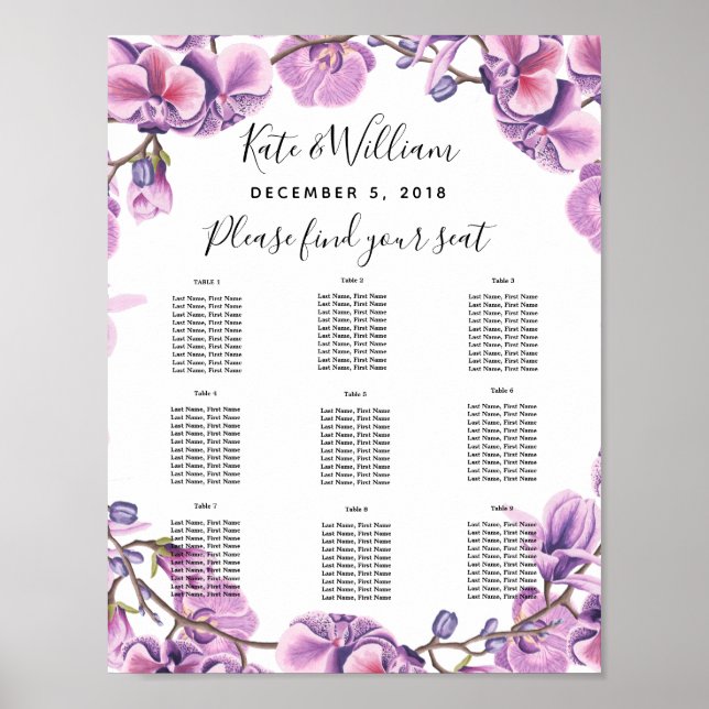 purple wedding floral Table plan party/wedding Poster (Front)