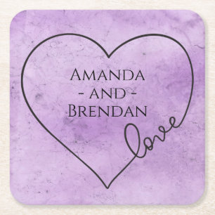 Purple Wedding Love Heart Lavender Watercolor Square Paper Coaster