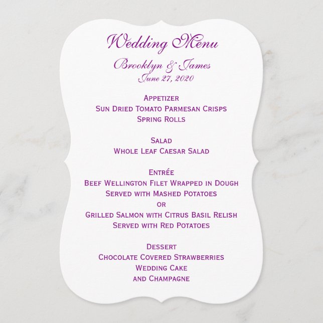 Purple Wedding Menu Custom Invitations With Bow (Front)