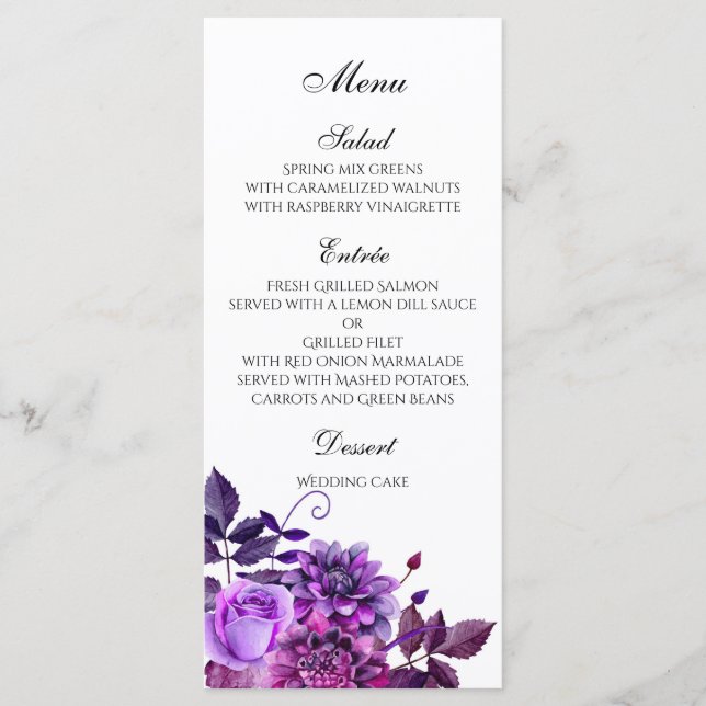 Purple wedding menu Floral dinner menu Table decor (Front)