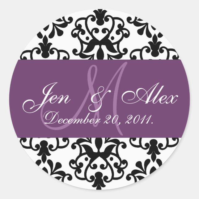 Purple Wedding Monogram Names Date Paisley Seal (Front)