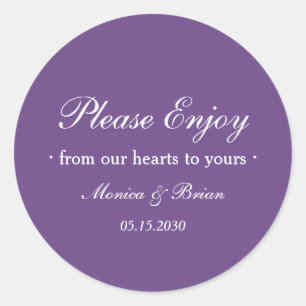 Purple Wedding Please Enjoy Favor Classic Round Sticker