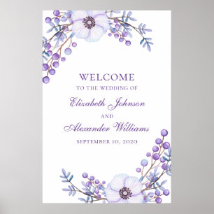 Purple wedding print. Violet flowers welcome sign