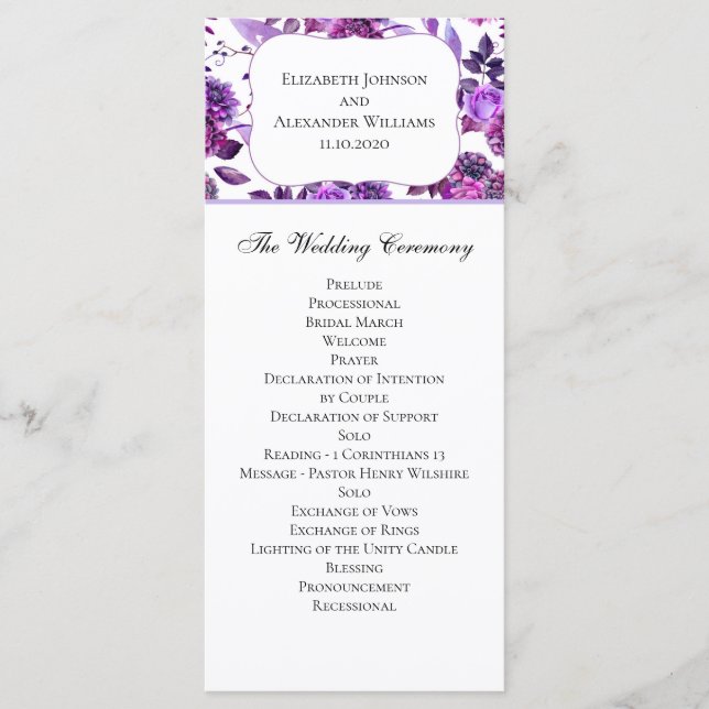 Purple wedding program. Watercolor floral ceremony Programme (Front)