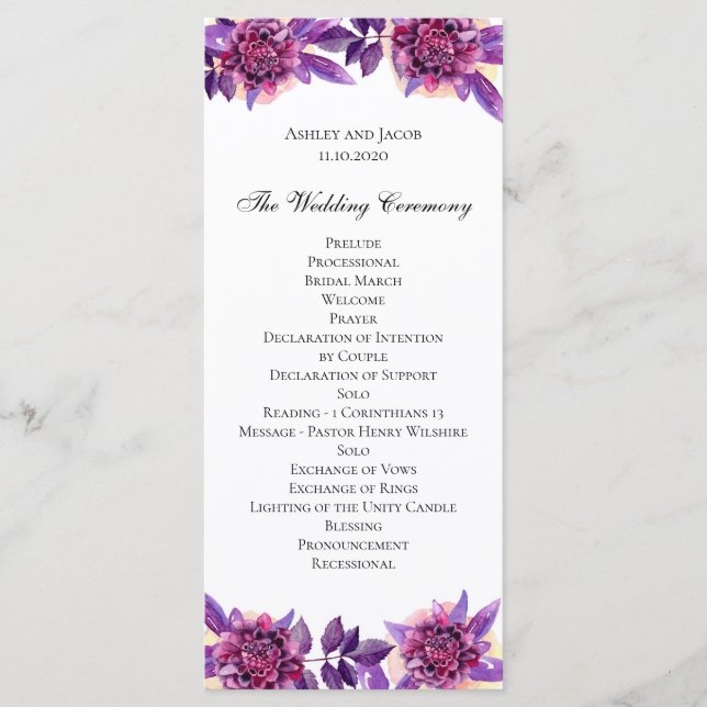 Purple wedding program. Watercolor flower ceremony Programme (Front)
