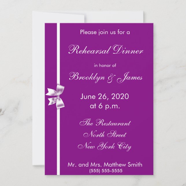 Purple Wedding Rehearsal Dinner Invitations Bow (Front)
