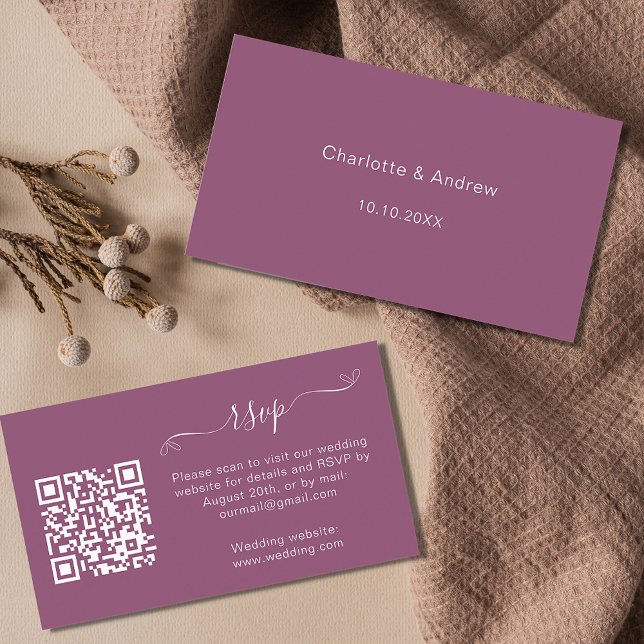 Purple wedding response website QR code RSVP Enclosure Card (Creator Uploaded)