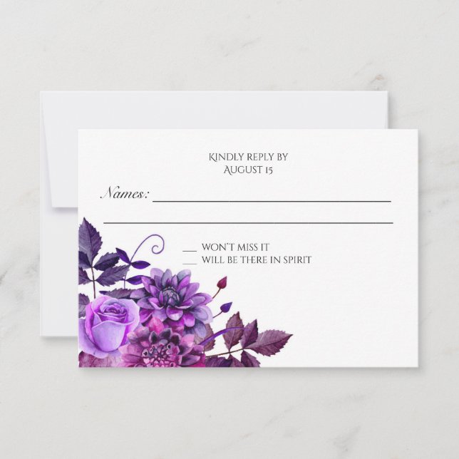 Purple wedding rsvp Floral Reply Flowers response (Front)