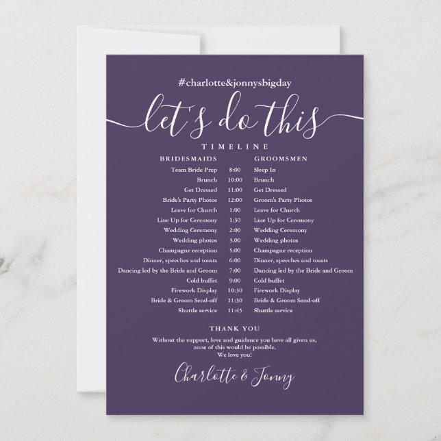 Purple Wedding Schedule Timeline Card (Front)