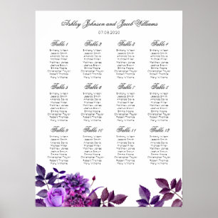 Purple wedding seating chart print. Violet flowers