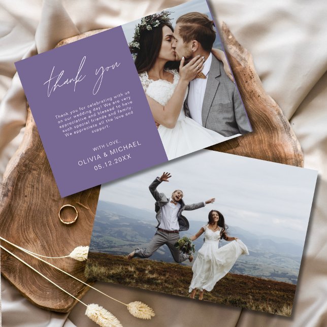 Purple Wedding Thank You Photo Minimalist Card (Creator Uploaded)
