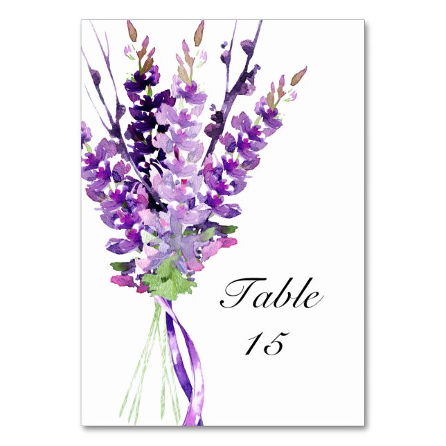 Purple Wedding Watercolor Lavender Table Numbers (Front)