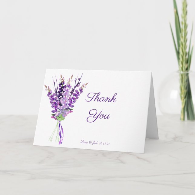 Purple Wedding Watercolor Lavender Thank You Card (Front)