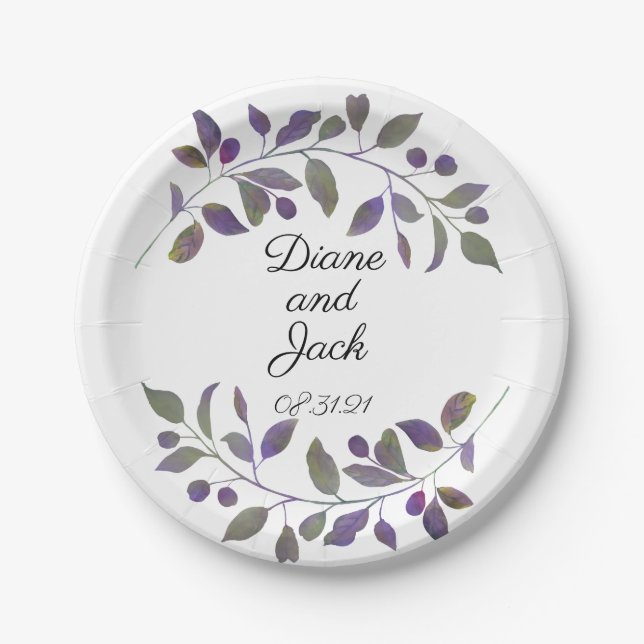 Purple Wedding Watercolor Leaf Design Paper Plate (Front)