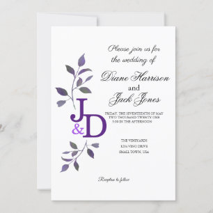 Purple Wedding Watercolor Leaf Invitation