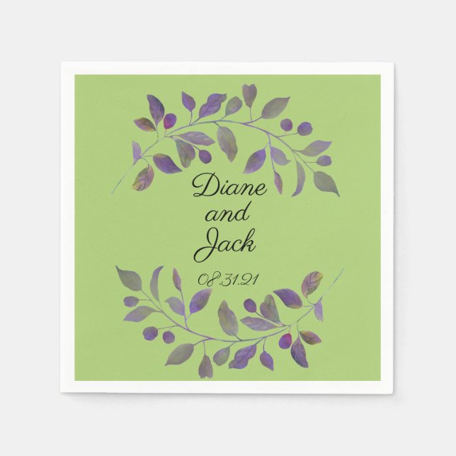 Purple Wedding Watercolor Leaf Napkin (Front)